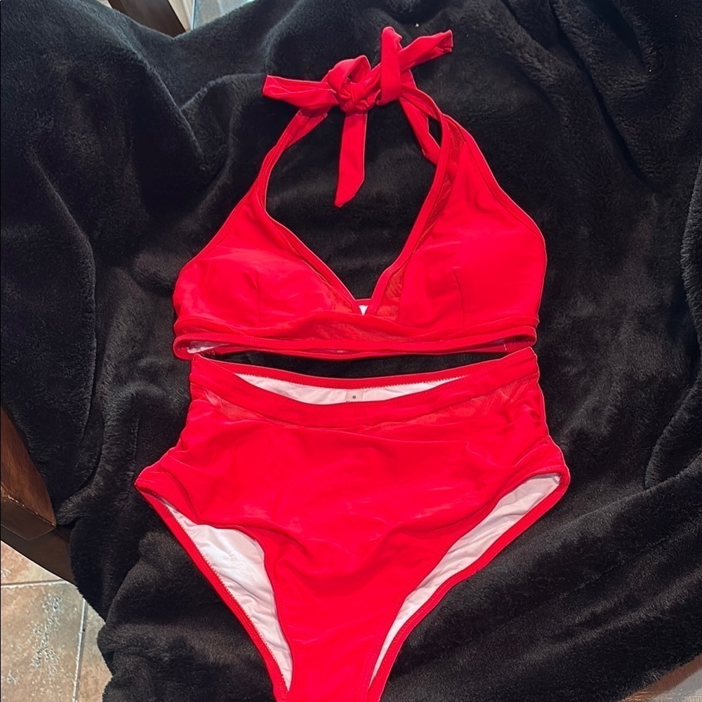 Vibrant Red High Waist sexy Halter Bikini Set size Small